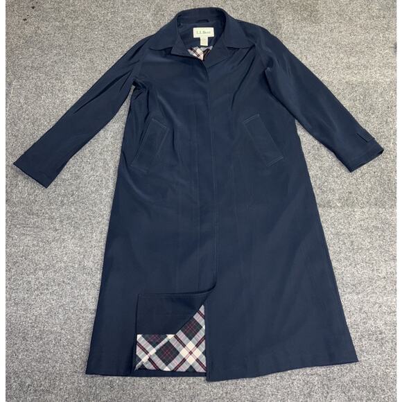 LL BEAN Women's Medium Reg Navy Blue Trench Plaid Lined Oversized Jacket Classic - Picture 1 of 7